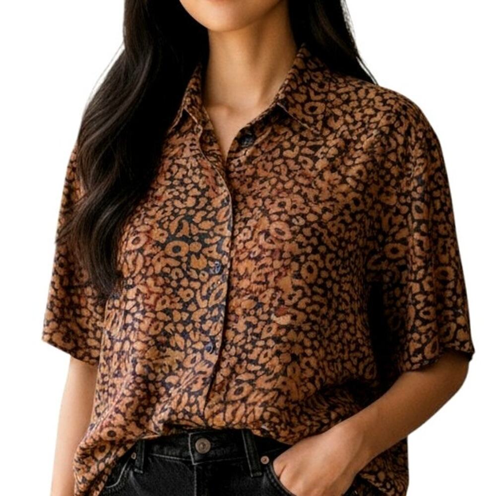 🐆 Cappagallo Animal Print Shirt 🧡 Side Tie Camp Style | Petite Small